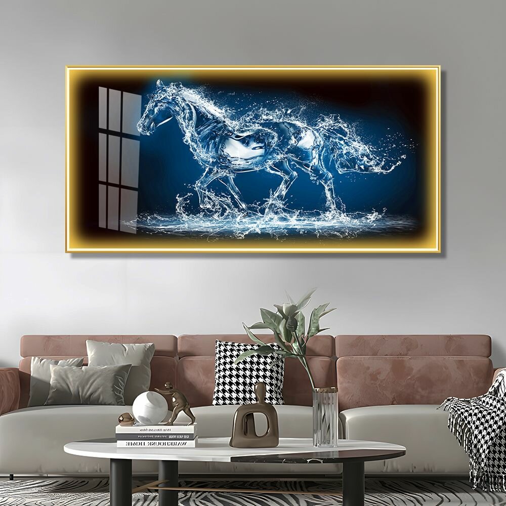 Картина на стену интерьерная с подсветкой "Лошадь из капель воды" 140x70см