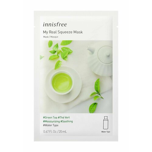 Тканевая маска для лица с зеленым чаем Innisfree My Real Squeeze Mask Green Tea тканевая маска для лица с экстрактом ананаса my orchard squeeze mask pineapple 20мл маска 1шт