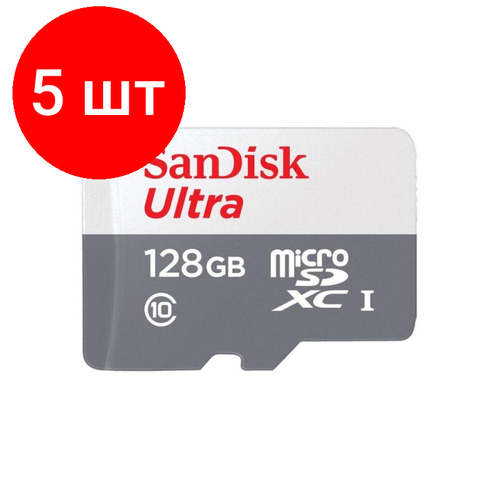 Комплект 5 штук, Карта памяти SanDisk Ultra microSDXC UHS-I Cl10, SDSQUNR-128G-GN6MN горящие скидки sandisk ultra microsdxc uhs i128gb class 10 sdsqunr 128g gn6ta с адаптером