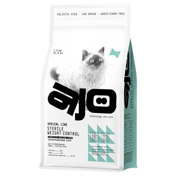 AJO Cat Sterile Weight Control Сухой полнорационный корм для стерилизованных кошек контроль веса 1,5кг