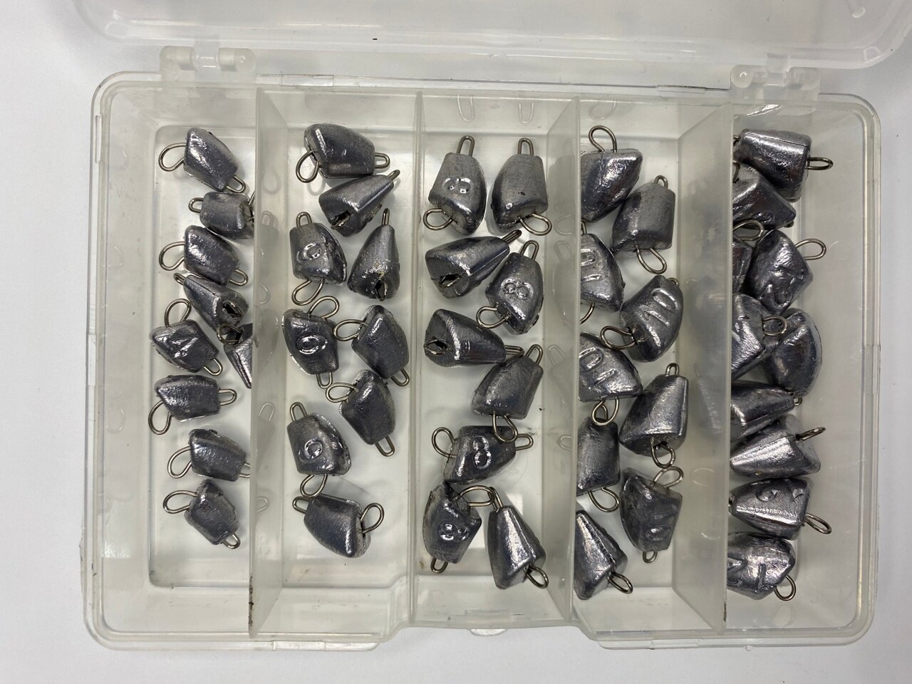 Груз рыболовный сапожок разборный, набор 4-12 грамм + коробка, скоба 0,8 мм, ( 50 шт )