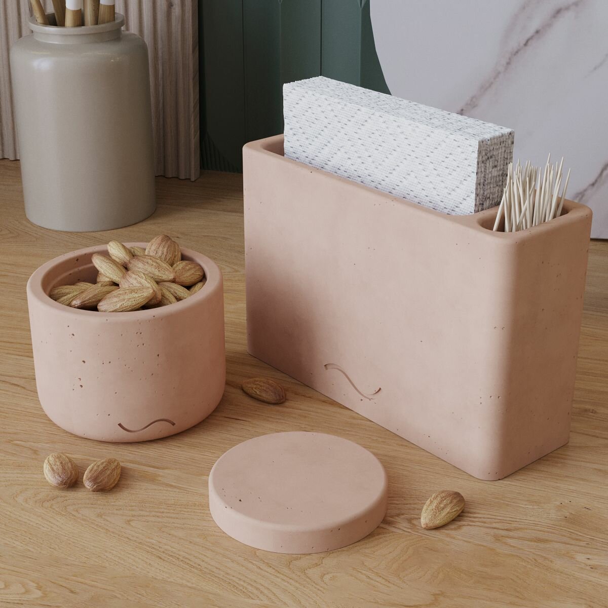 Набор для кухни Musko 22 (салфетница Lina, емкость для сыпучих продуктов Astrid XS с бетонной крышкой), бетон, розовый матовый