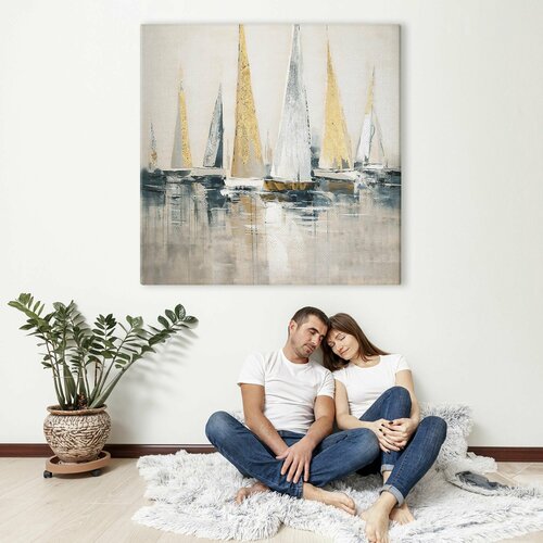 Квадратная картина на холсте для интерьера - Яхты мазки краски абстракция, море парус 70х70 см