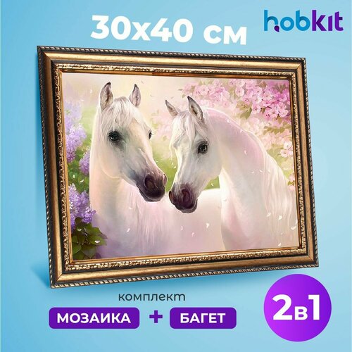 Алмазная мозаика полная выкладка HOBKIT "Лошадь и конь 30х40+Багет золотой " 40х30 размер холста,