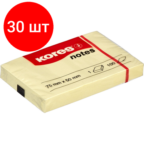 Комплект 30 штук, Стикеры Kores бум. для зам. 75х50 желтая 100л. '46057