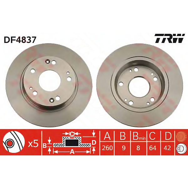 TRW DF4837 (08A14710 / 08A14711 / 08A1471X) диск тормозной задний\ Honda (Хонда) Civic (Цивик) vII 1.3 (Комплект 2 штуки)