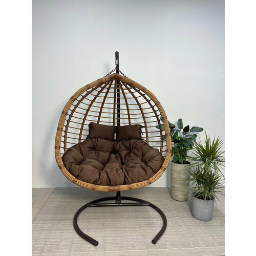 Подвесное двухместное кресло-кокон HASTA горячий шоколад + каркас (бежевая подушка, полиэстер)