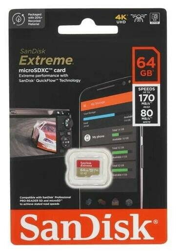 Micro SDXC карта памяти SanDisk 64GB Class10 Extreme UHS-I U3 (170 Mb/s) без адаптера SDSQXAH-064G-G