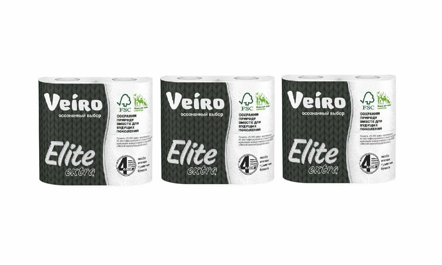Veiro Туалетная бумага Elite Extra 4 слоя, 4 рулона, Белая, 3 упаковки