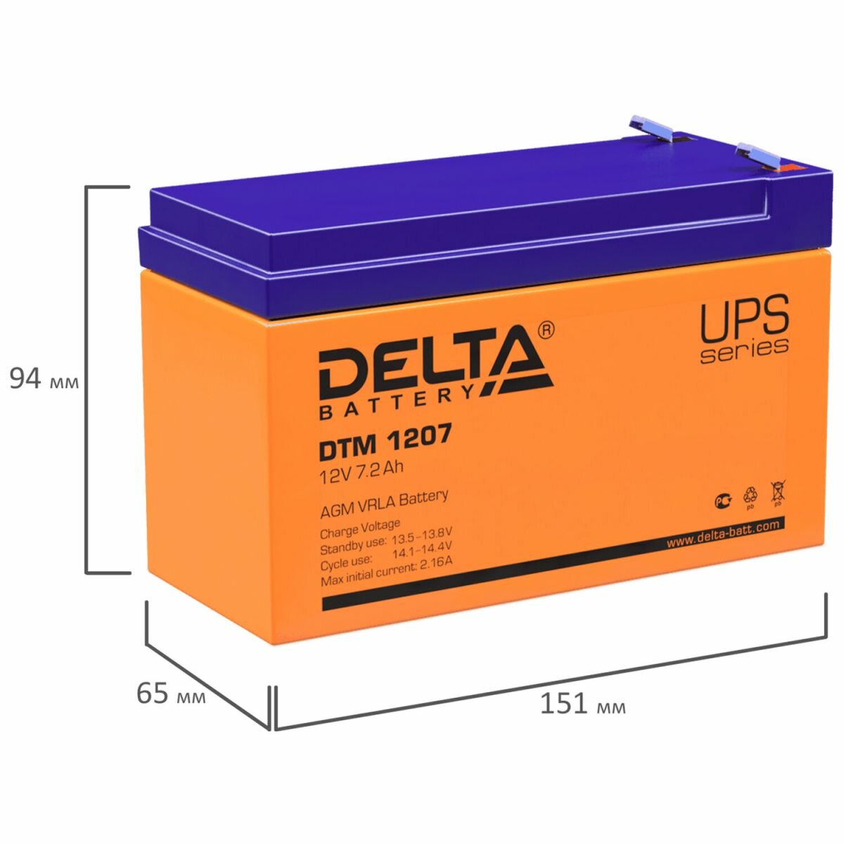 Аккумулятор UPS 12В 7.2А. ч DTM 1207 Delta 4614010050004 — фото 1