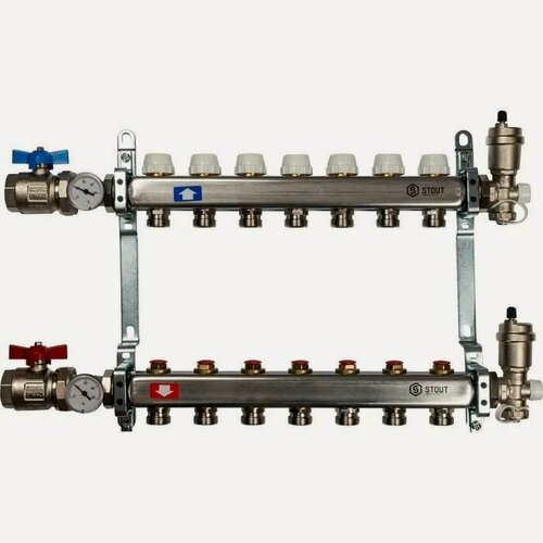 Изображение товара Коллектор STOUT с запорными клапанами, в сборе без расходомеров, 7 вых.