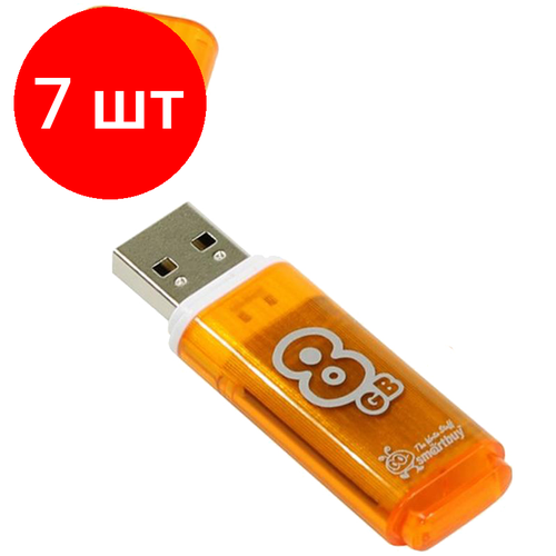 Комплект 7 шт, Память Smart Buy Glossy 8GB, USB 2.0 Flash Drive, оранжевый комплект 7 шт память smart buy glossy 8gb usb 2 0 flash drive голубой