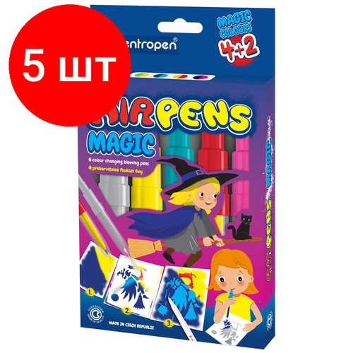 Комплект 5 шт, Фломастеры воздушные Centropen AirPens Magic, 04цв.+2, картон. упаковка, европодвес