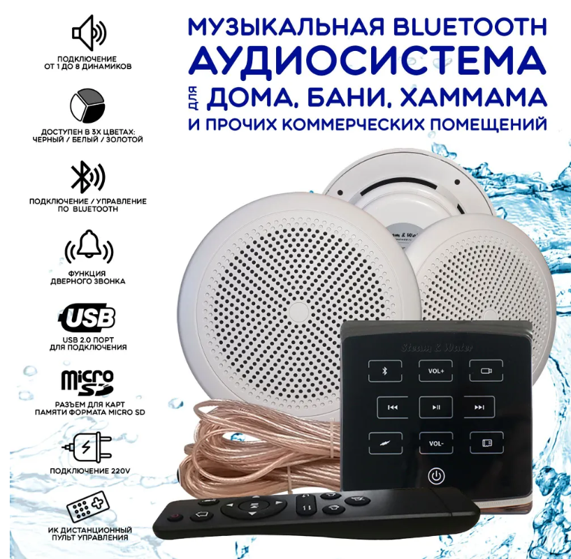 Влагостойкая bluetooth аудиосистема для дома бани сауны и хамама SW3 Black ECO(черный)