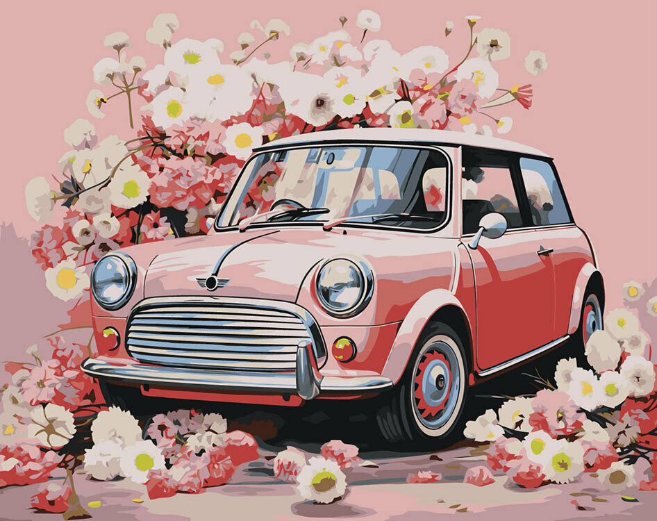 Картина по номерам на холсте Машины Мини Купер и цветы 40х50