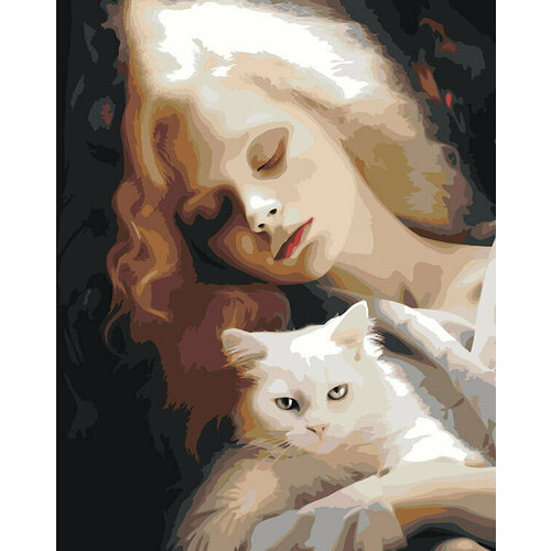 Картина по номерам на холсте Девушка с белым котом 40x50