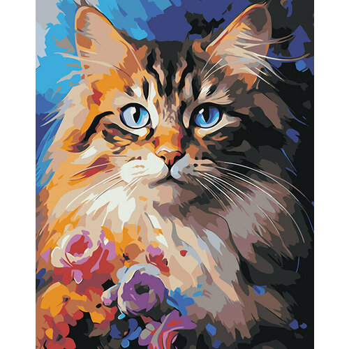 Картина по номерам Кот с голубыми глазами и цветами 2