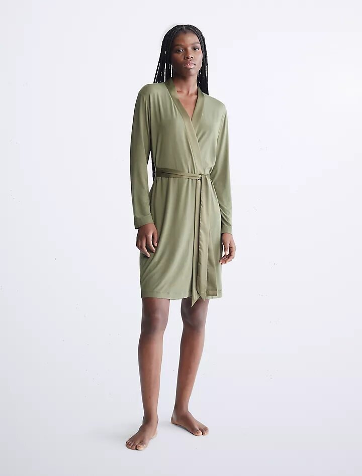 Халат Calvin Klein XS/S зеленый на запах с поясом - фотография № 1