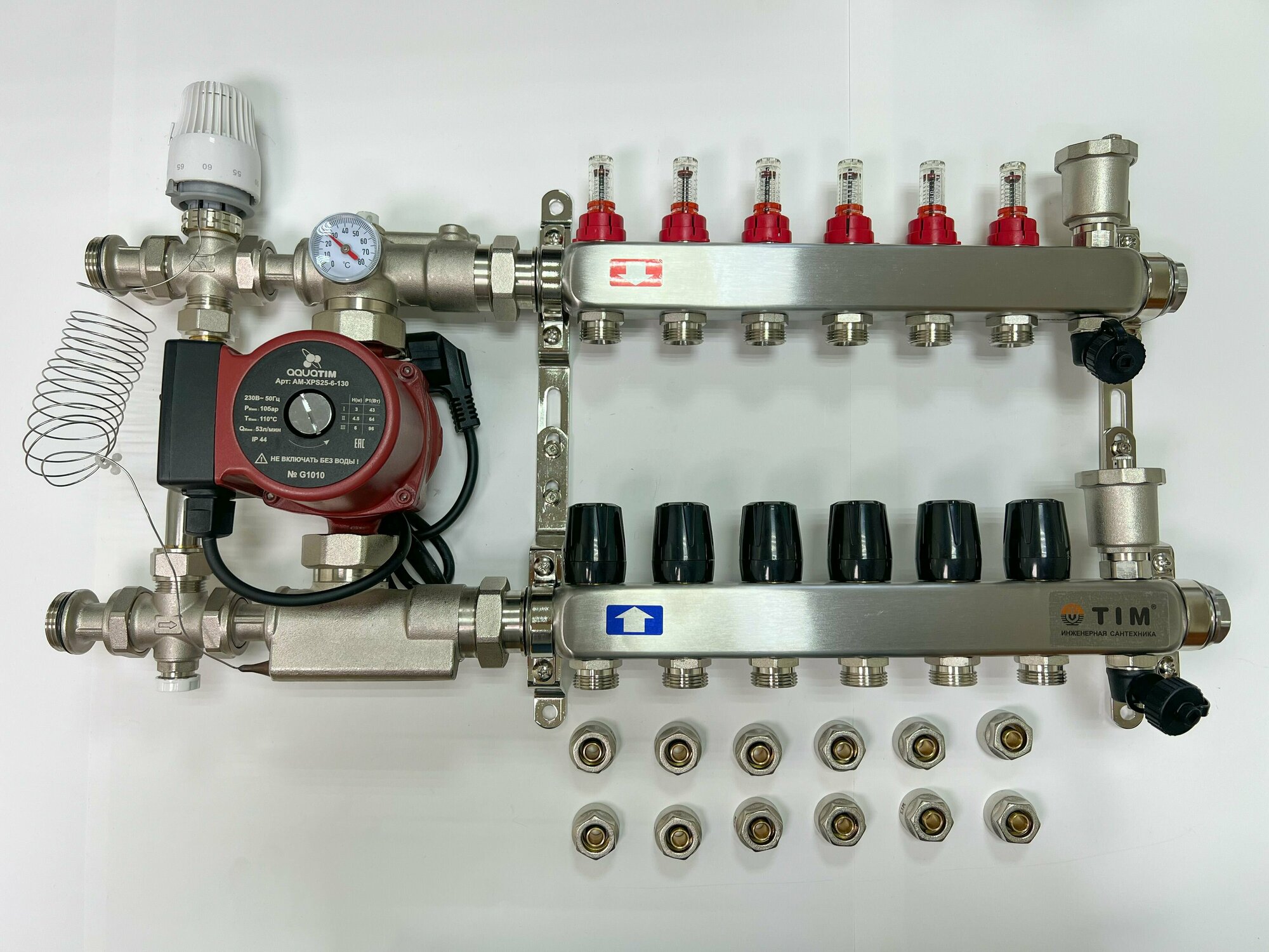 Комплект для водяного теплого пола: Коллектор 6 выход+ узел+насос+ евроконусы до 80 кв. м.