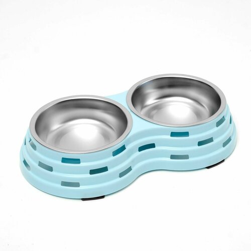 Миска металлическая двойная на пластиковом основании 25 х 14 х 5 см голубая 678₽