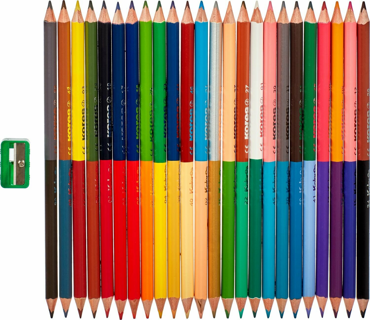 Карандаши цветные Kores двухсторонние, деревянные, трехгранные, толщина грифеля 3 мм, 48 цветов + точилка