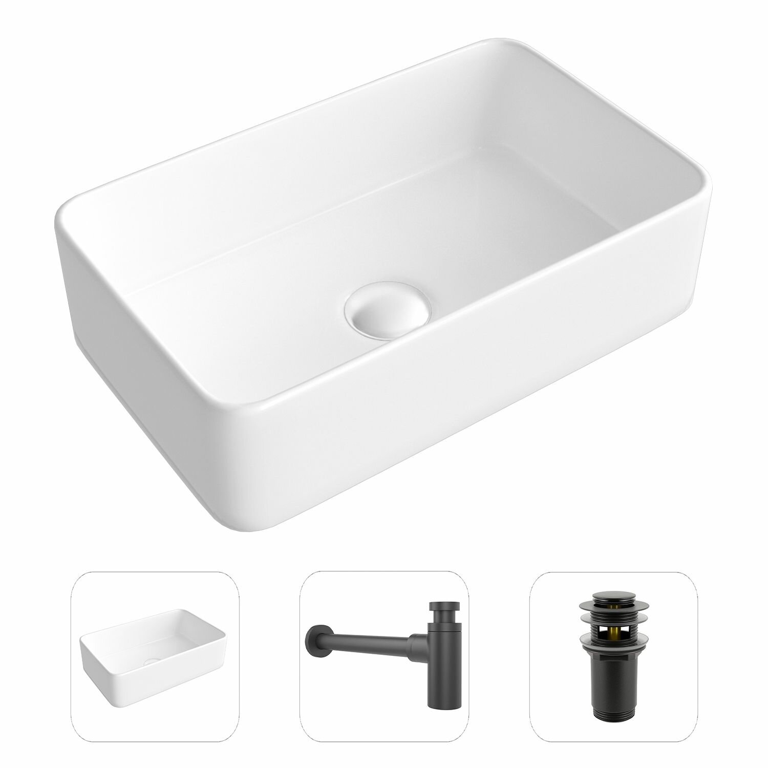 Накладная раковина в ванную Helmken 67448000 комплект 3 в 1: умывальник прямоугольный 48 см, сифон и донный клапан click-clack в цвете черный