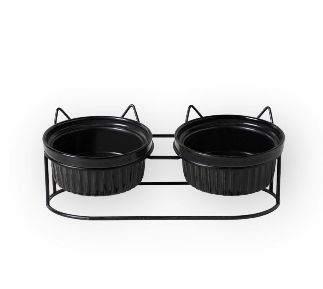 Миска двойная керамическая для кошек и собак на металлической подставке