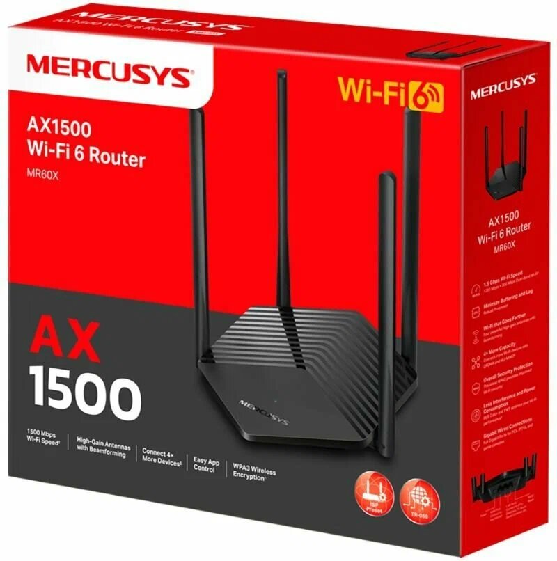 Wi-Fi роутер Mercusys MR60X 802.11ax Wi-Fi 6 черный