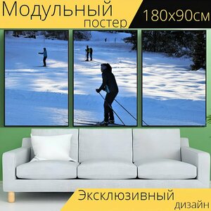 Модульный постер "Лыжники, зимние виды спорта, снег" 180 x 90 см. для интерьера