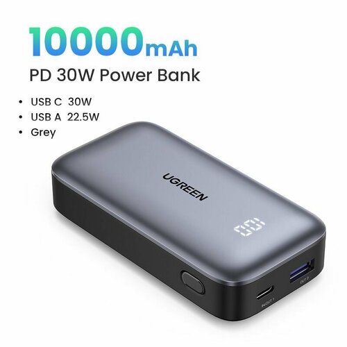 Внешний аккумулятор UGREEN PB502 (25185) 10000mAh Mini Quick Charging 30W Power Bank 30W с цифровым экраном. Цвет: серый nyork power bank model pb502