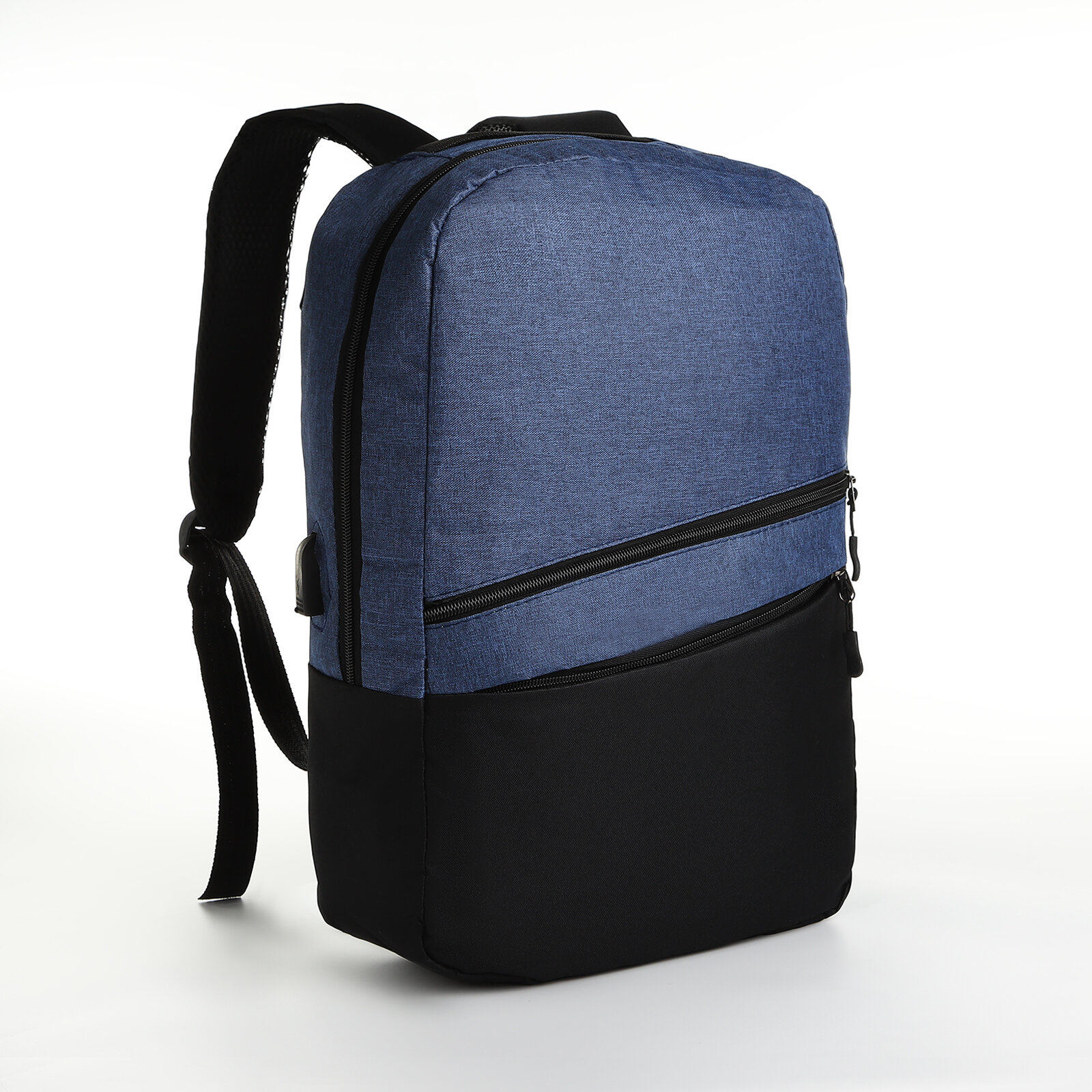 Рюкзак городской с USB из текстиля на молнии, 2 кармана, цвет чёрный/синий (1шт.)