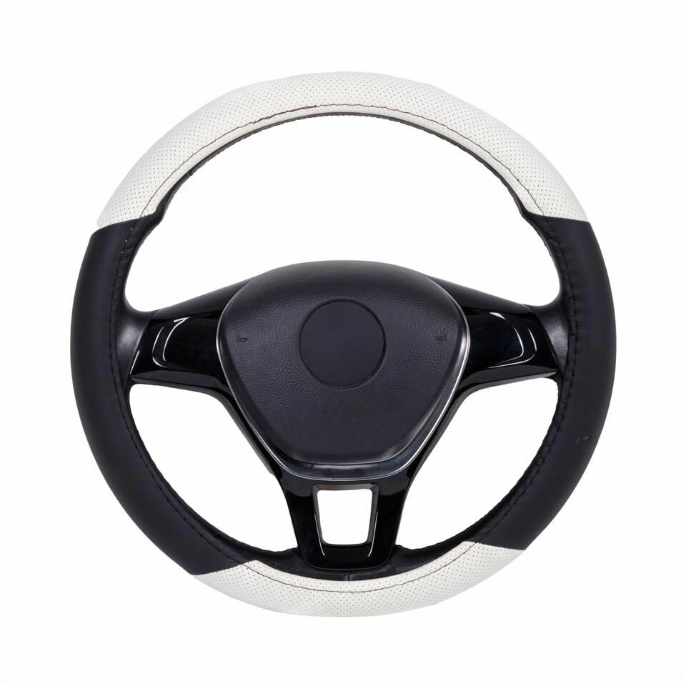 Оплетка чехол (накидка) на руль Хендай Солярис (2010 - 2014) седан / Hyundai Solaris экокожа (премиального качества) Черный с Белым