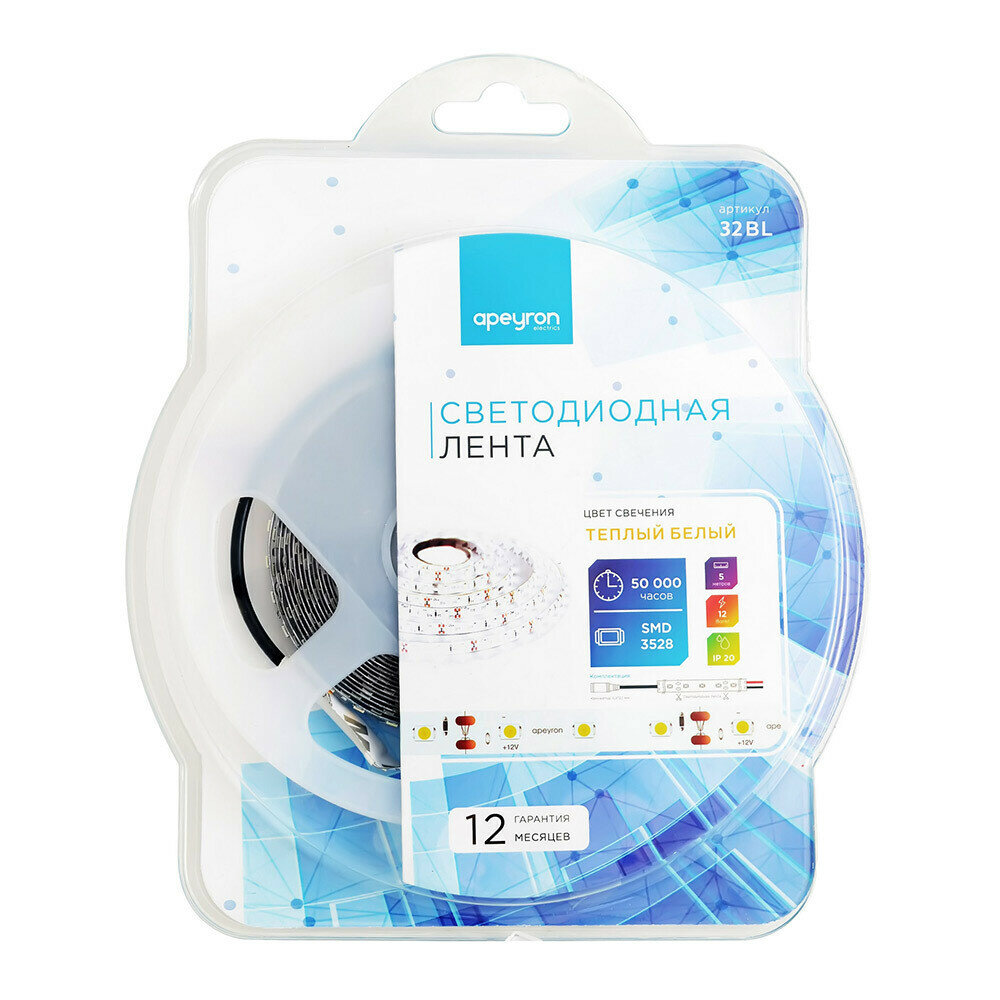 Лента светодиодная SMD 3528 3000К 12 В 96 Вт/м 5 м IP20 Apeyron (32BL)