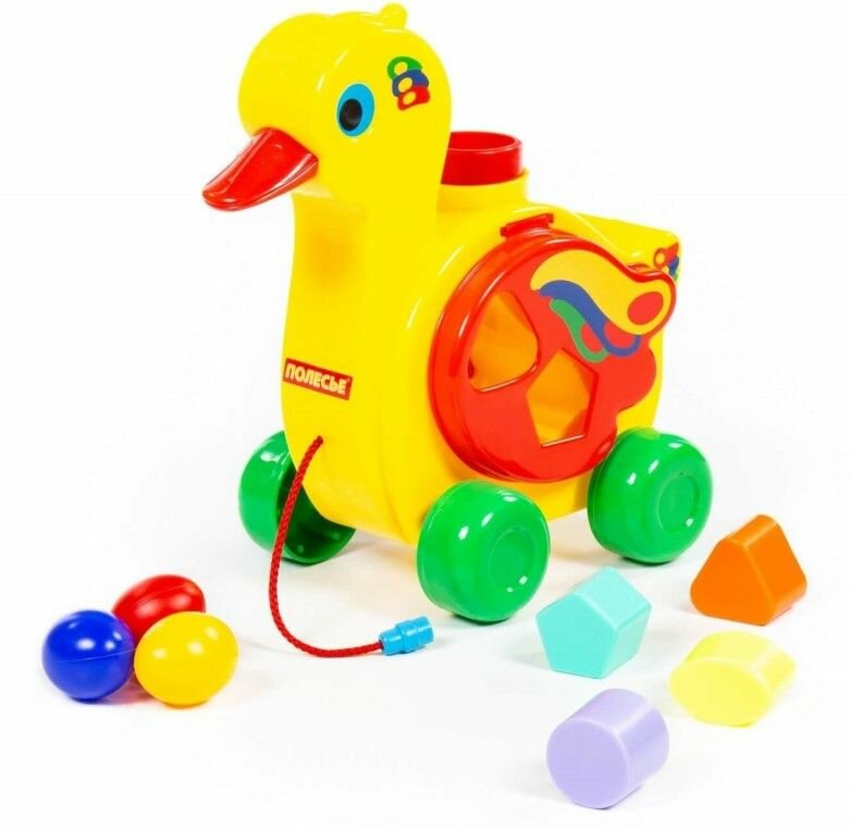 Детская каталка с сортером "Уточка-несушка", пластиковая развивающая логическая игрушка для малышей на веревочке, для дома и улицы, по методике Монтессори