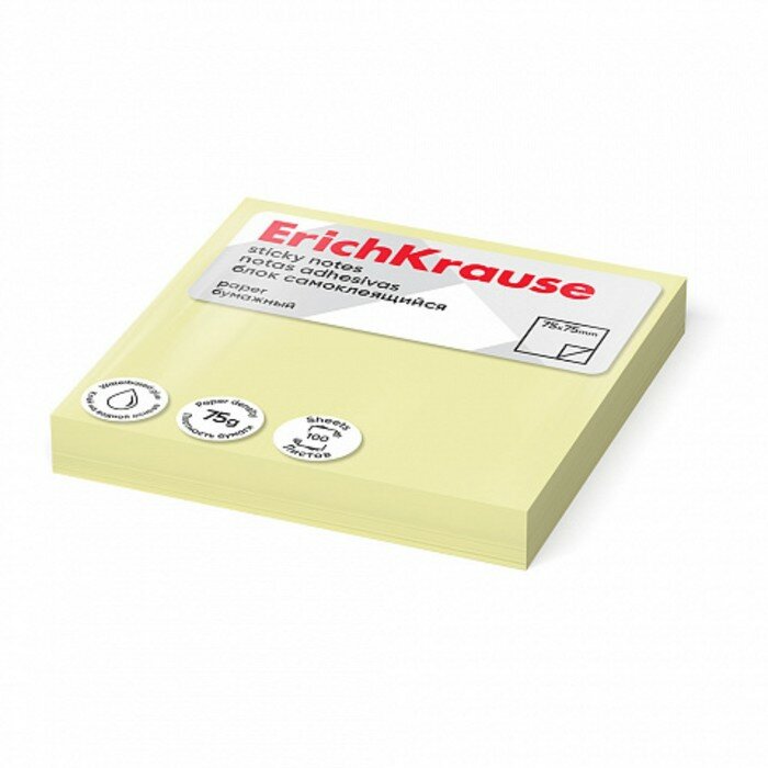 фото ErichKrause Блок с липким краем бумажный 75х75 мм, ErichKrause, 100 листов, желтый