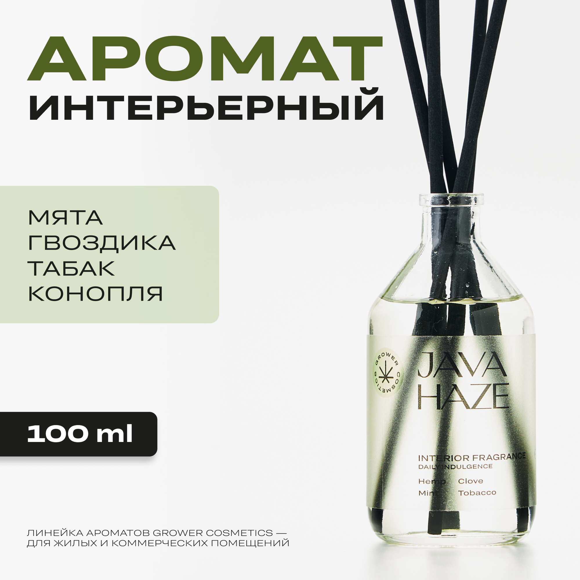 Арома диффузор Grower cosmetics "JAVA HAZE" Мята, Гвоздика, Табак, Конопля. 100мл