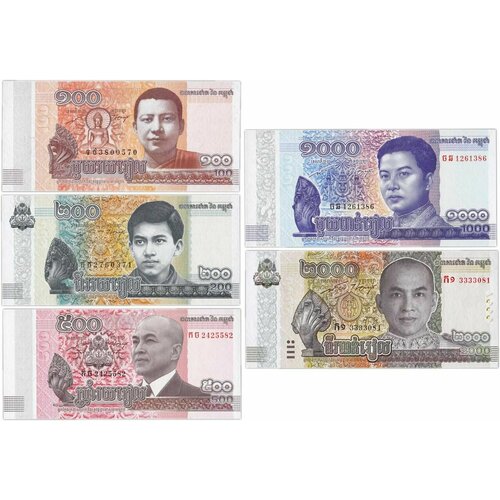 Камбоджа набор банкнот 5 шт 100-200-500-1000-2000 риелей 2014-2022 год UNC