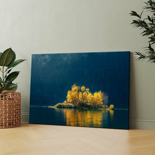 Картина на холсте (Небольшой остров на озере с деревом посередине) 20x30 см. Интерьерная, на стену.