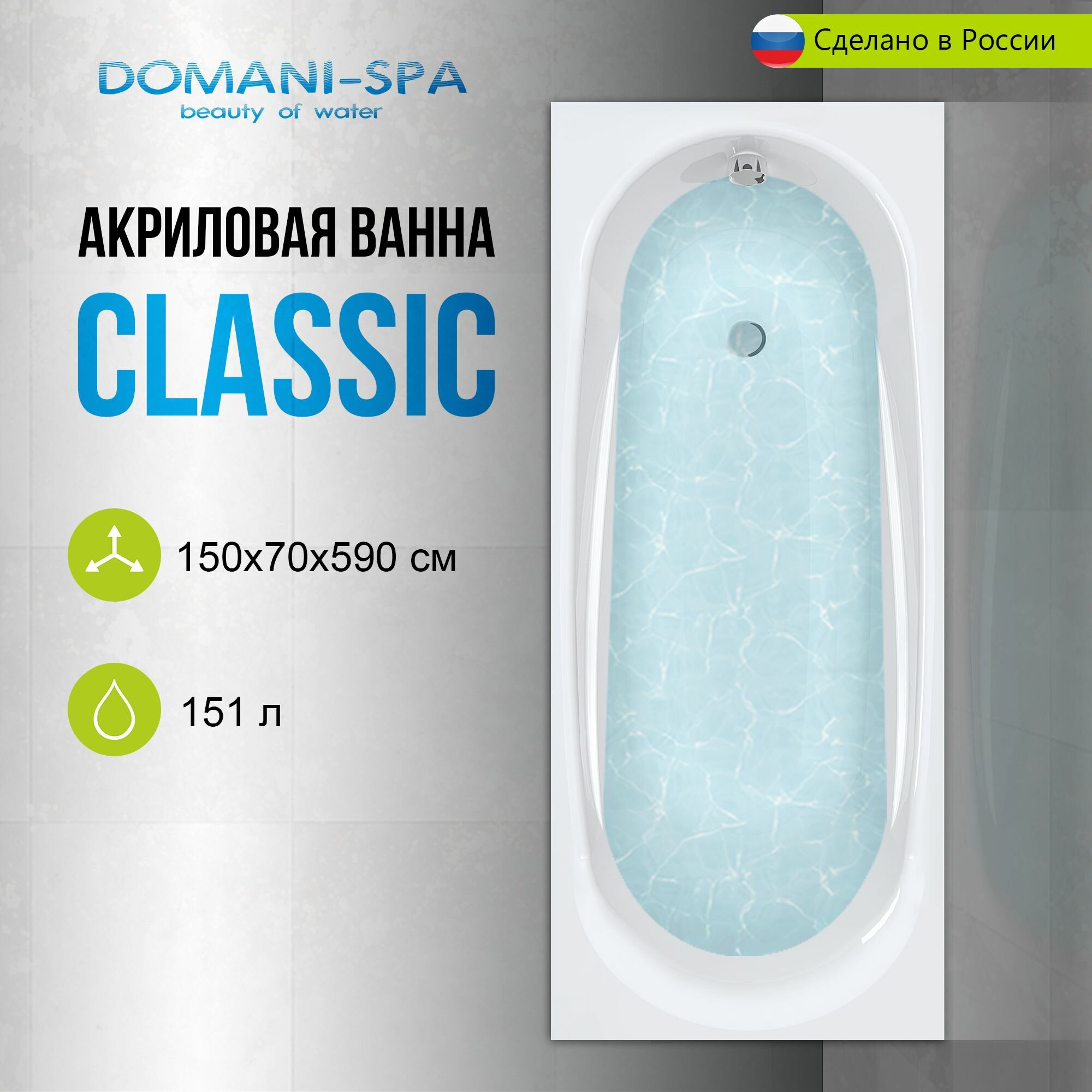 Ванна акриловая Domani-Spa Classic 150х70 пристенная, с каркасом и лицевым экраном в комплекте