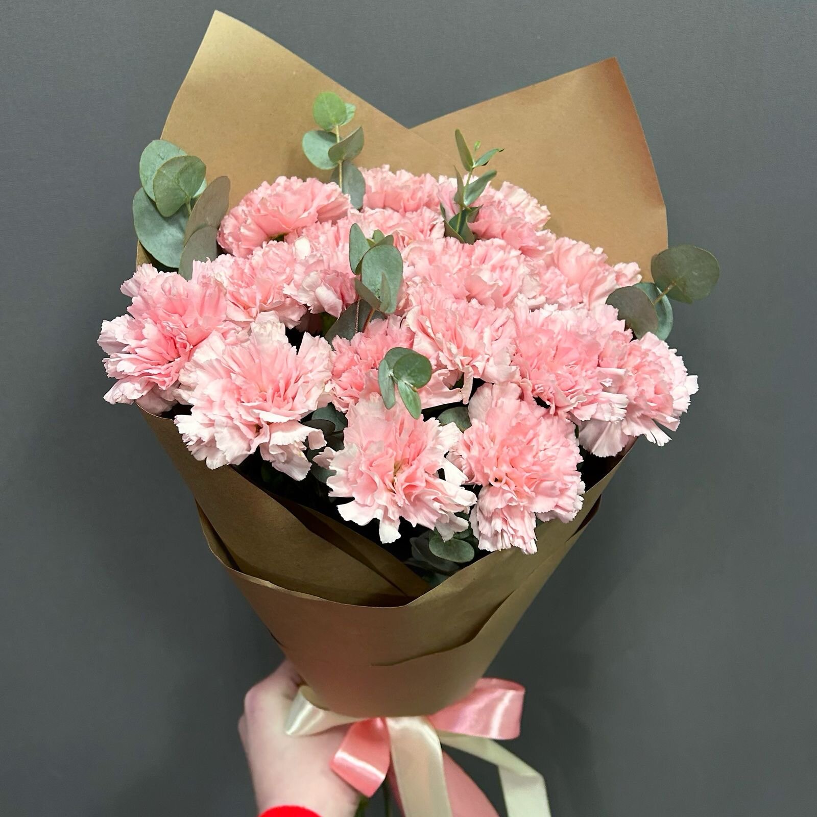 Букет из 19 гвоздик с эвкалиптом в крафте