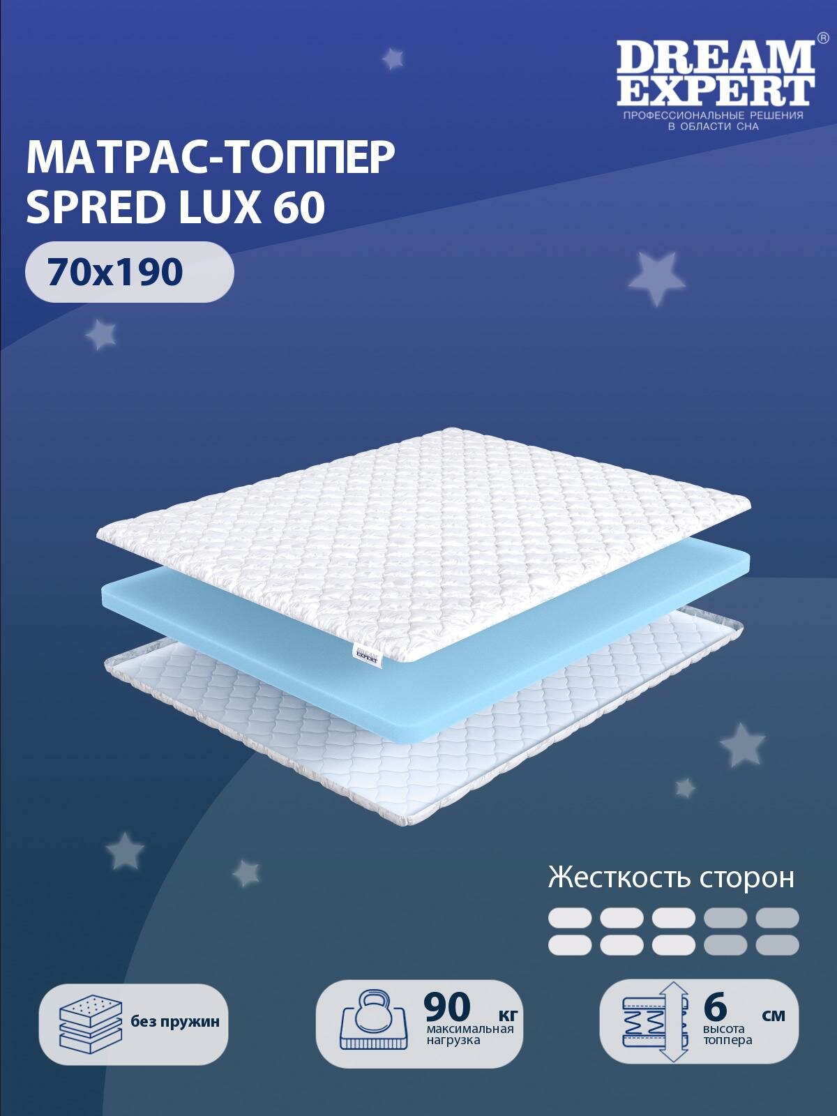 Матрас-топпер, Топпер-наматрасник DreamExpert Spred Lux 60 на диван, тонкий матрас, на резинке, Беспружинный, хлопковый, на кровать 70x190