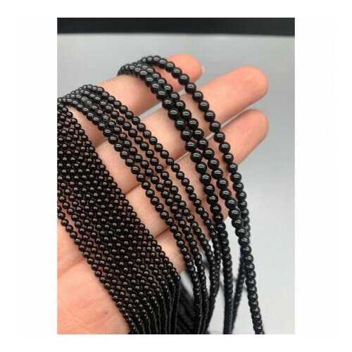 Каменные бусины, Агат, чёрный, тонированный, шарик гладкий, 4 мм, длина нити 38 см, около 95 бусин