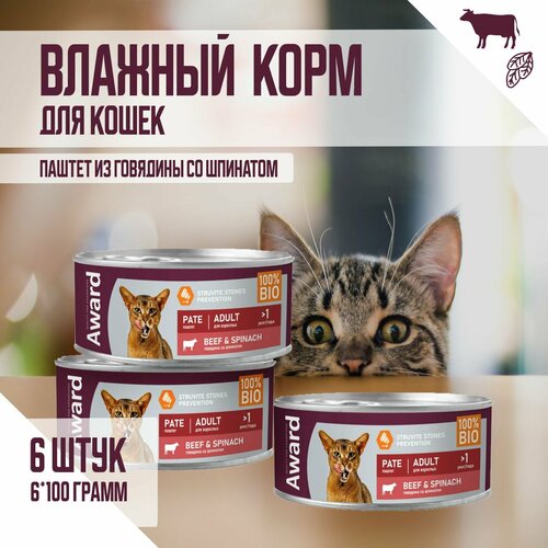 Влажный корм AWARD для взрослых кошек паштет из говядины со шпинатом 100г х 6шт