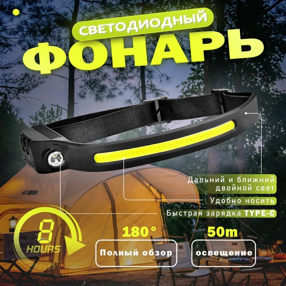 Фонарик налобный аккумуляторный светодиодный с датчиком движения 4 режима работы черный