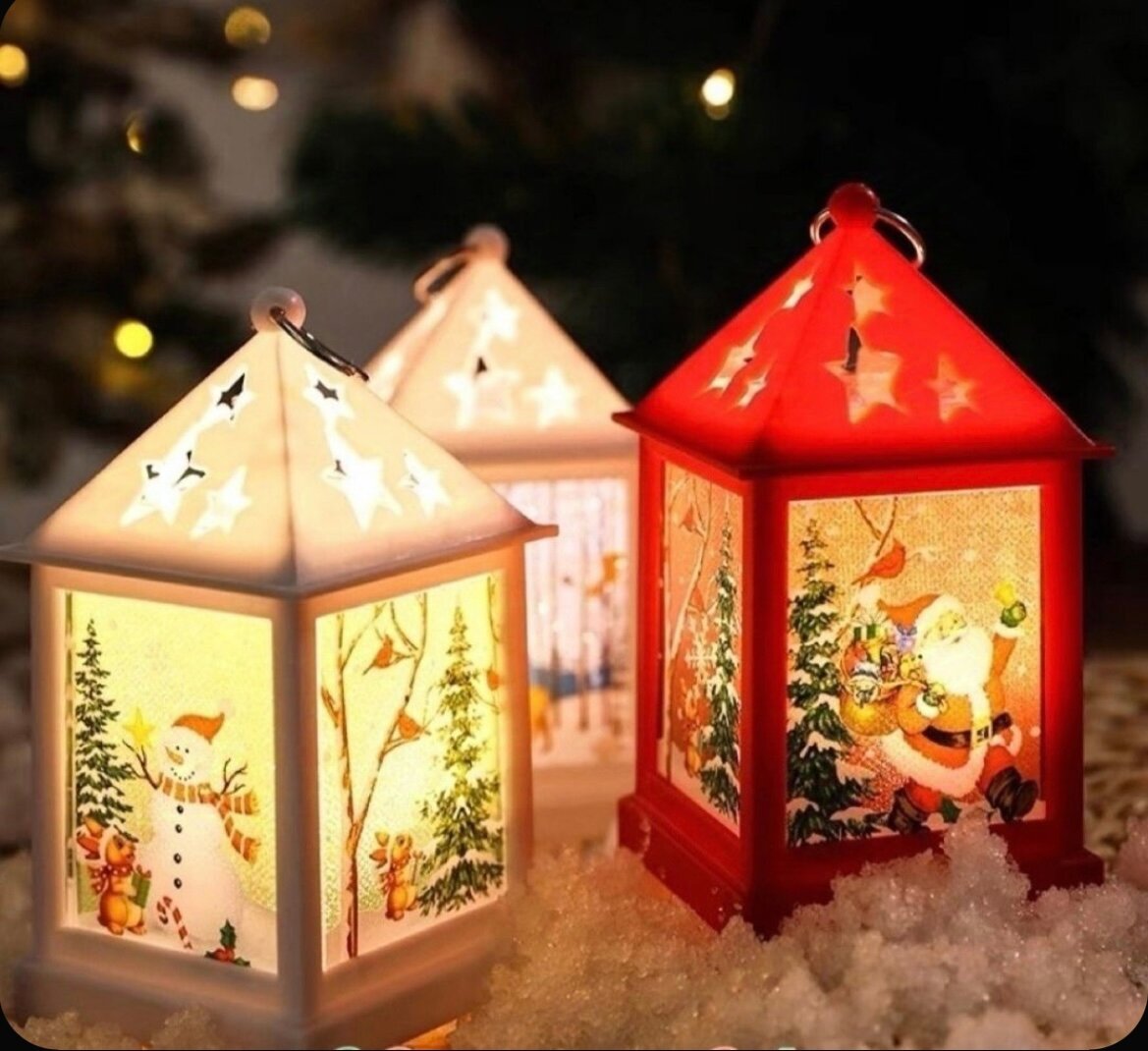 Набор Новогодних фонариков на елку на стол в подарок в наборе 4шт на батарейках Дед Мороз снеговик олени 4 цвета