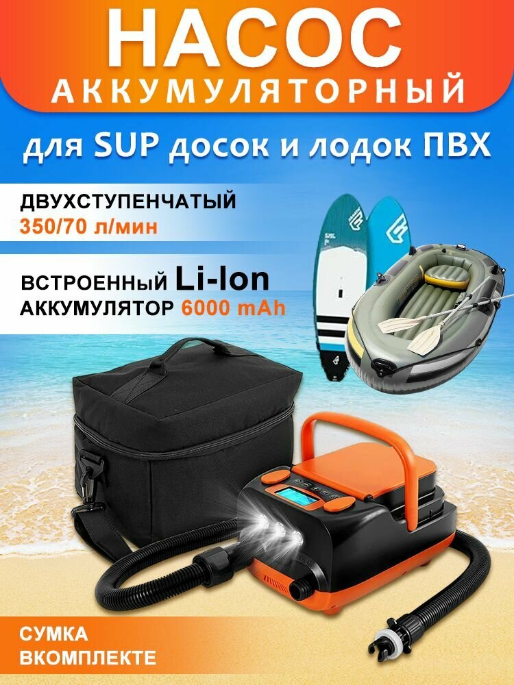 Насос электрический со встроенным аккумулятором HT-790. Шесть насадок в комплекте и ЖК-дисплей, для ПВХ лодок, сап бордов, бассейнов, надувных матрасов. Мощность 6000 мАч