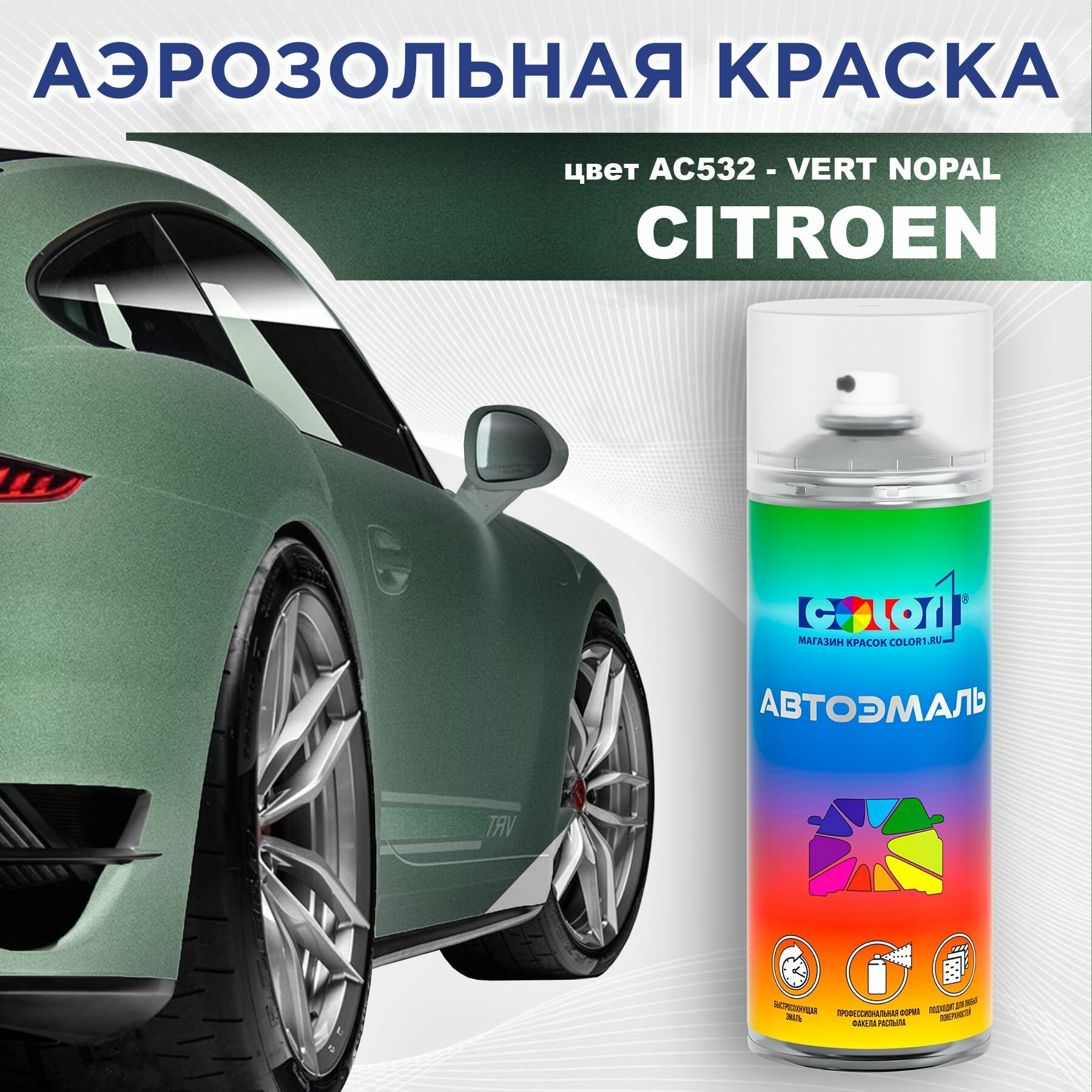 Аэрозольная краска COLOR1 для CITROEN - VERT NOPAL, цвет AC532