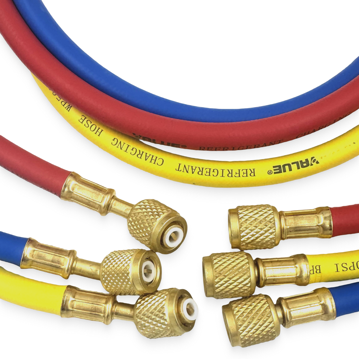 Заправочные шланги Value VRP-U-RYB (1.5 м; 1/4" SAE; набор для R12, 22, 134, 404, 407, 507) до 34 Bar — фото 1