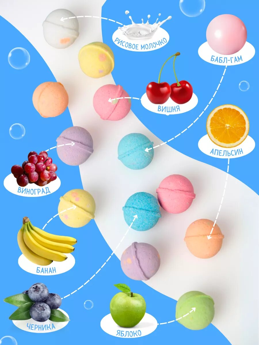 Набор бомбочек для ванны Kloob, гипоаллергенные, фруктовые ароматы, 12шт — фото 1