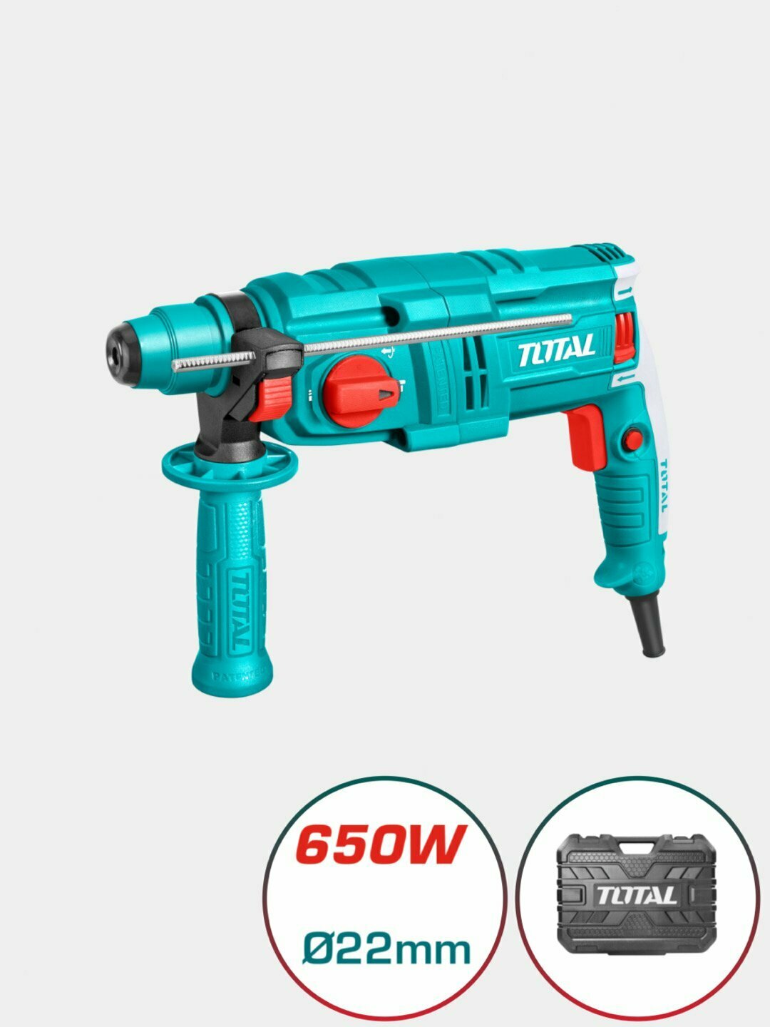 Перфоратор TOTAL TH306236, SDS-plus, кейс, 650Вт, 22мм, 1.7Дж
